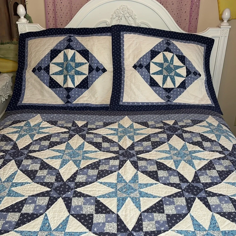 Vintage Quilt Patchwork Vintage Pattern Star Hand Crafted Handmade Blue White